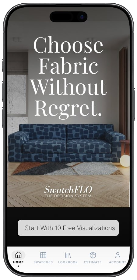 SwatchFLO home screen with blue patterned sofa