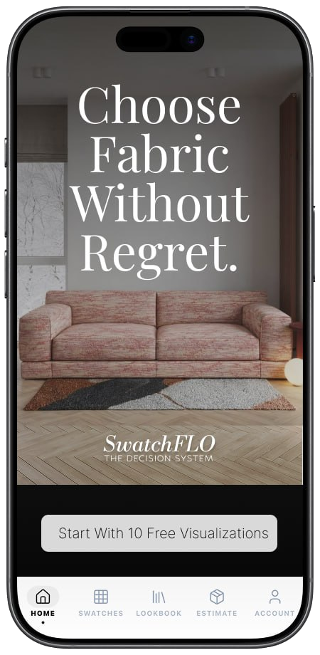 SwatchFLO home screen with blush patterned sofa