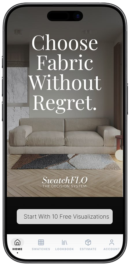 SwatchFLO home screen with neutral sofa